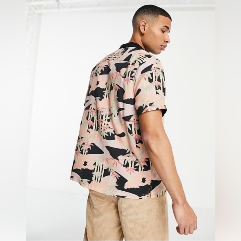 Topman Palm Camo Print Button-Up Shirt w/ Black Collar - Size Small